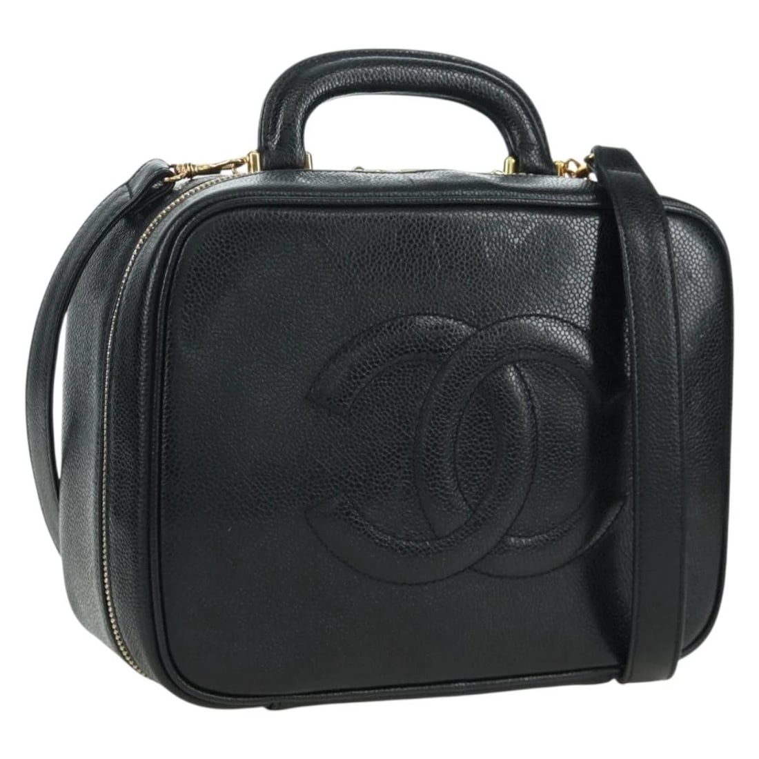 CHANEL VANITY SHOULDER BAG GRAINED CALF SKIN 2WAY BLACK: CHANEL Vanity Shoulder Bag Grained Calf Skin 2way Black Brand: CHANEL Type: Shoulder Bag Material: Caviar Skin Color: Black/Gold Size: W9.1 x H7.1 x D3.9inch(Approx) Shoulder Drop:21.7inch(Approx)