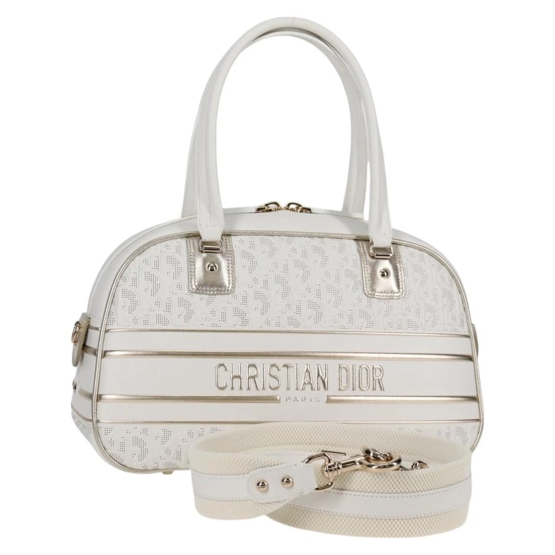 CHRISTIAN DIOR MEDIUM CLASSIC BOWLING BAG BAG: Christian Dior Medium Classic Bowling Bag Bag Brand: Christian Dior Type: Hand Bag Material: Leather Color: White/Gold Size: W13.0 x H7.5 x D5.1inch(Approx) Handle Drop:7.1inch(Approx) Accessorie