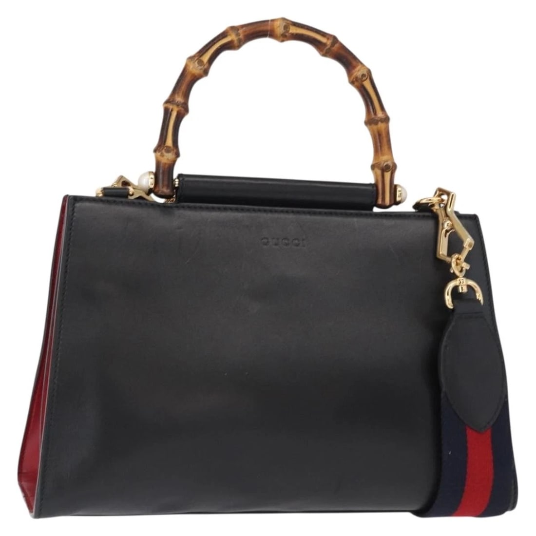GUCCI BAMBOO SHERRY LINE NIM FAIR BAG LEATHER: GUCCI Bamboo Sherry Line Nim Fair Bag Leather Brand: GUCCI Type: Hand Bag Material: Leather Color: Black/Gold Size: W11.8 x H7.5 x D3.9inch(Approx) Shoulder Drop:17.7inch(Approx) Accessories: Non
