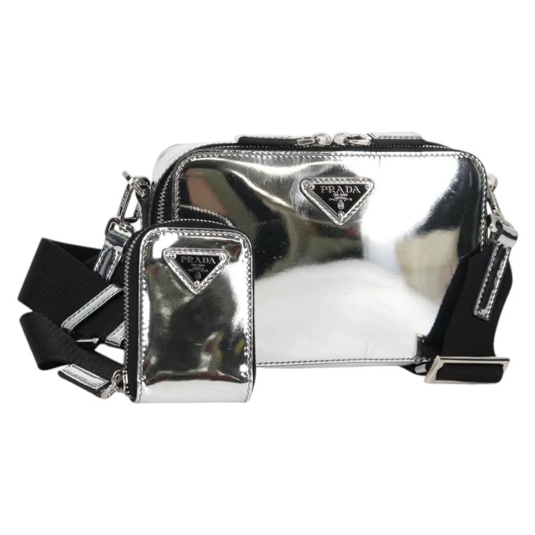 PRADA SHOULDER BAG LEATHER SILVER: PRADA Shoulder Bag Leather Silver Brand: PRADA Type: Shoulder Bag Material: Leather Color: Silver Size: W7.5 x H4.7 x D2.0inch(Approx) Shoulder Drop:16.1 - 25.6inch(Approx) Accessories: None <