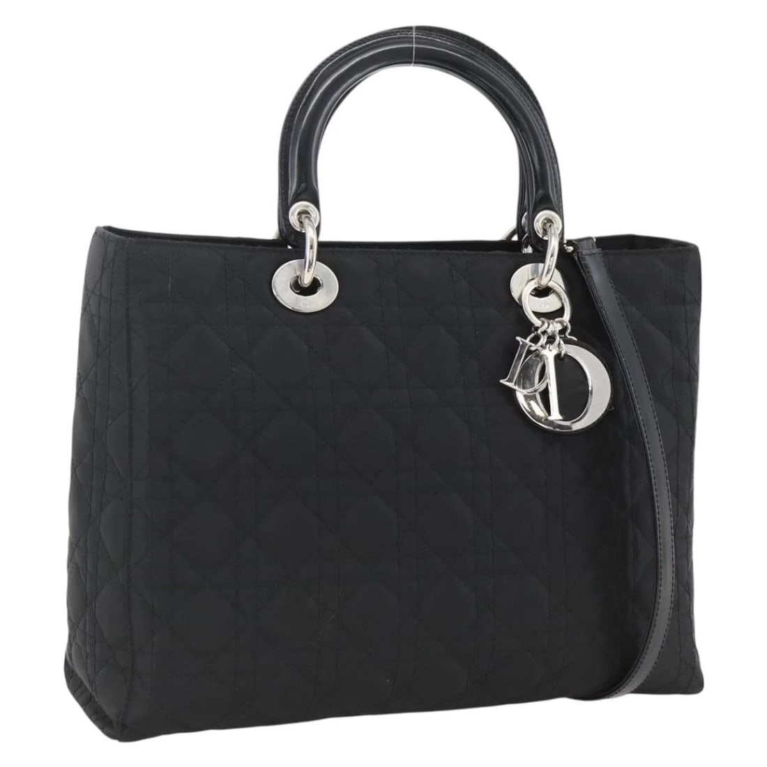 CHRISTIAN DIOR LADY DIOR CANAGE HAND BAG NYLON 2WAY BLACK: Christian Dior Lady Dior Canage Hand Bag Nylon 2way Black Brand: Christian Dior Type: Hand Bag Material: Nylon Color: Black/Silver Size: W12.2 x H9.4 x D4.3inch(Approx) Shoulder Drop:16.5inch(Appr
