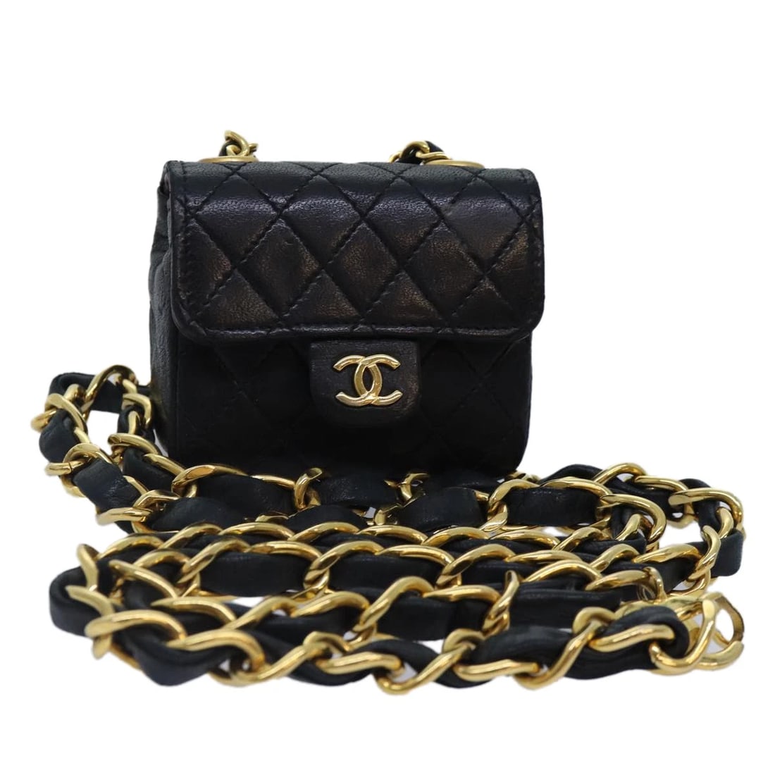 CHANEL MINI MINI MATELASSE CHAIN POUCH LAMB SKIN: CHANEL Mini Mini Matelasse Chain Pouch Lamb Skin Brand: CHANEL Type: Pouch Material: Lamb Skin Color: Black/Gold Size: W3.4 x H2.6 x D1.4inch(Approx) Accessories: None Accessories Notice: