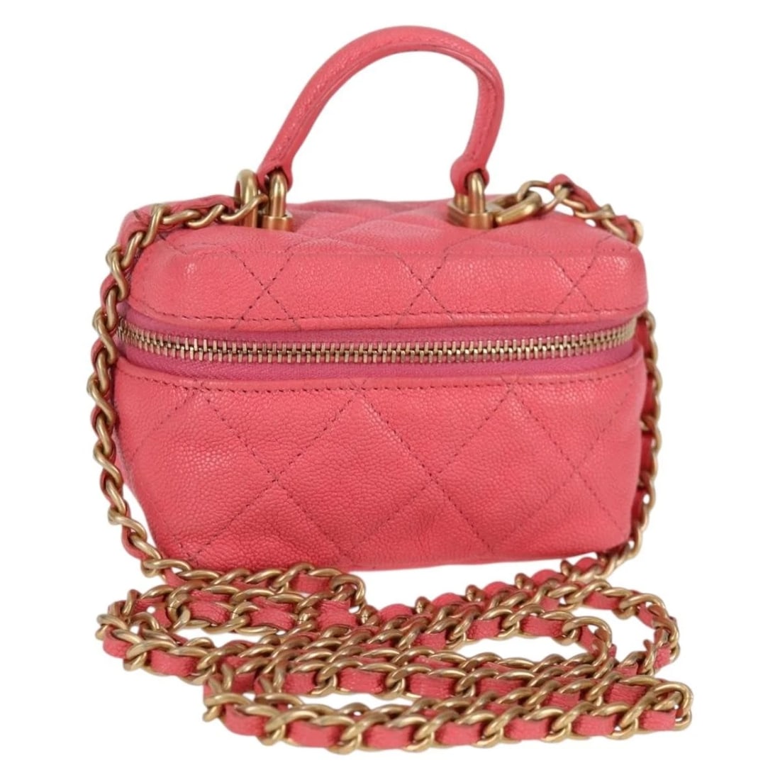 CHANEL MATELASSE CHAIN SHOULDER BAG: CHANEL Matelasse Chain Shoulder Bag Brand: CHANEL Type: Shoulder Bag Material: Caviar Skin Color: Pink/Gold Size: W3.9 x H2.4 x D2.4inch(Approx) Shoulder Drop:20.5inch(Approx) Accessories: None
