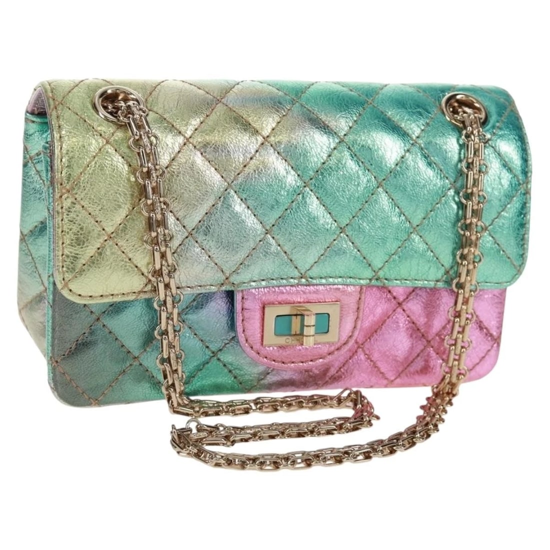 CHANEL 2.55 MATELASSE 20 CHAIN BAG LEATHER: CHANEL 2.55 Matelasse 20 Chain Bag Leather Brand: CHANEL Type: Shoulder Bag Material: Leather Color: Multicolor/Gold Size: W7.9 x H4.7 x D2.8inch(Approx) Shoulder Drop:21.3inch(Approx) Accessorie