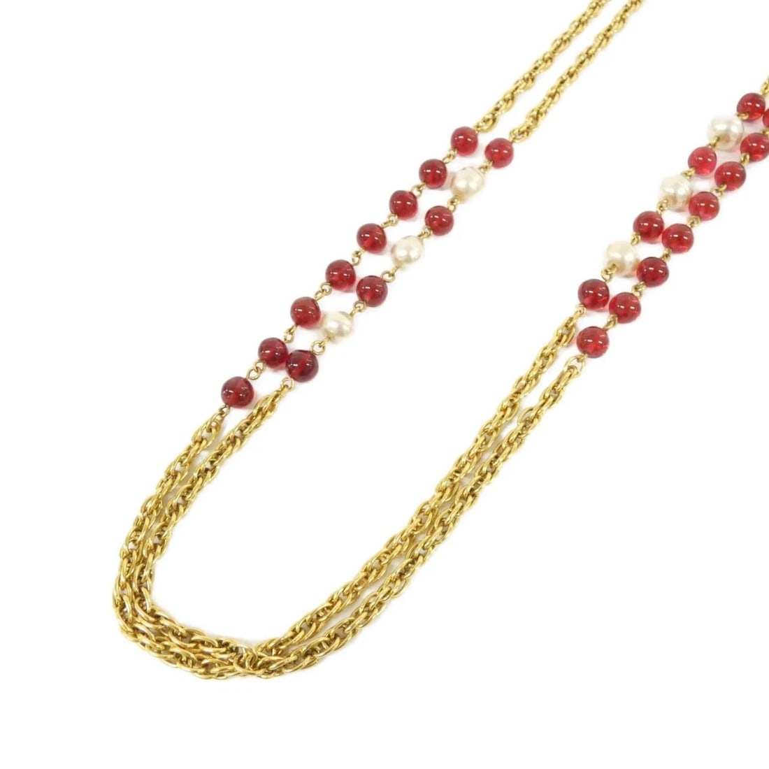 CHANEL NECKLACE: Chanel Necklace Brand: CHANEL Type: Necklace Material: Fake pearl, Color: Yellow Gold Size: Size Length: 177cm Accessories: None Accessories Notice: When purchasing pre-owned goods, please