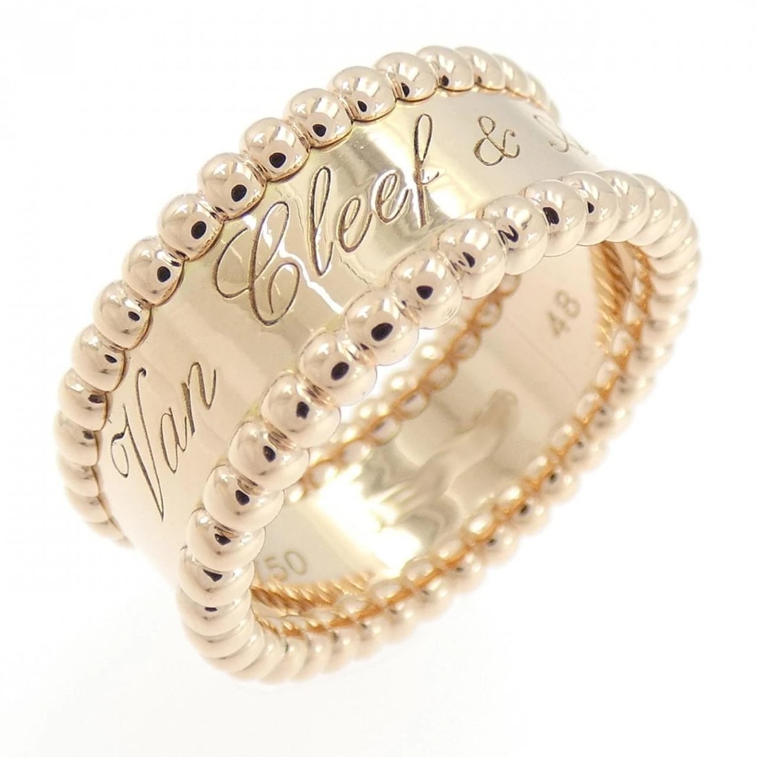 VAN CLEEF & ARPELS PERLÉE SENIOR TULLE RING: Van Cleef & Arpels Perlée Senior Tulle Ring Brand: Van Cleef & Arpels Type: Ring Material: 75o pink gold, Color: yellow Size: US 5.25 Accessories: None Accessories Notice: When purchasing