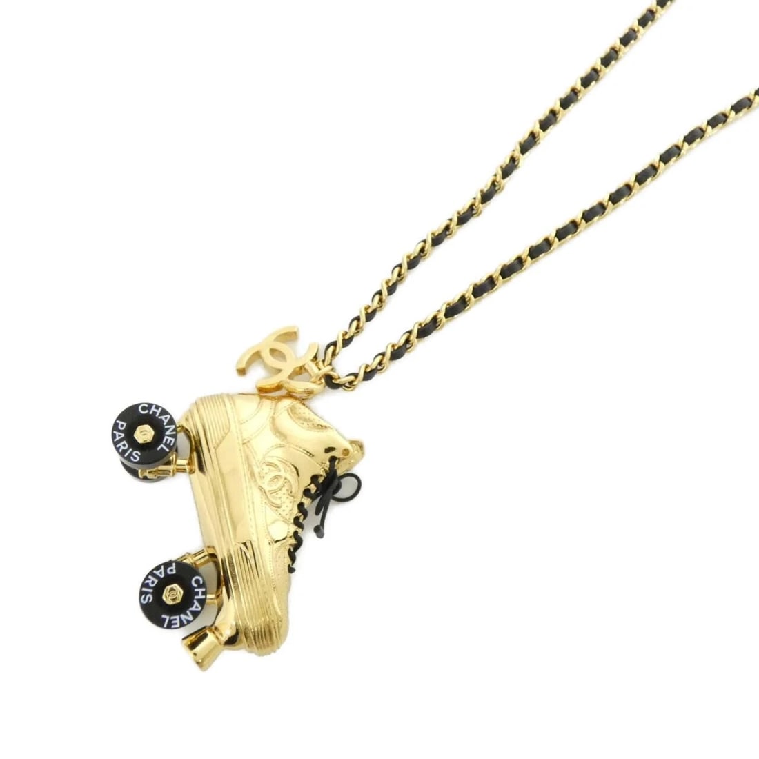 CHANEL ABC346 NECKLACE: Chanel ABC346 Necklace Brand: CHANEL Type: Necklace Material: Calfskin, Color: BLACK / GOLD Metal Size: Length: 92-94cm Top width x height: 5.2cmx4.8cm Accessories: None Accessories Notice: