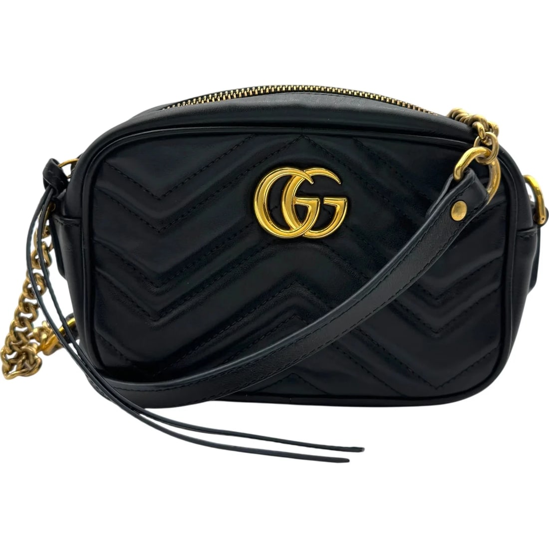 GUCCI GG MARMONT CAMERA BAG BLACK GHW SHOULDER BAG: GUCCI GG Marmont Camera Bag Black GHW Shoulder Bag Brand: GUCCI Type: Handbag Material: Leather Color: Black / GD Hardware Size: W: 17.5cm / H: 11.5cm / D: 5.5cm / Shoulder: 132cm Accessories: No