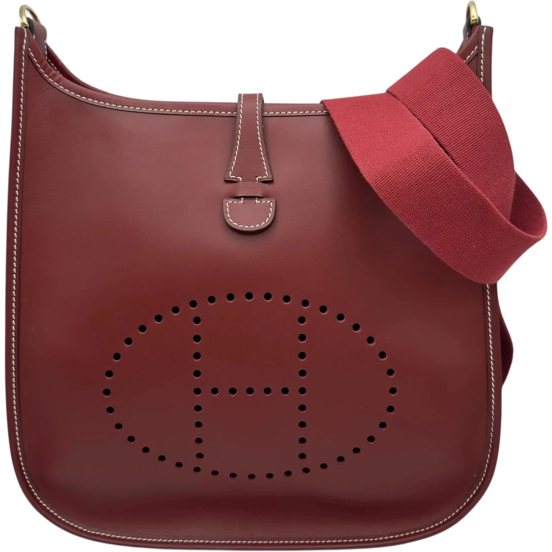 HERMES EVELYNE PM ?D STAMP ROUGE H CHAMONIX GHW SHOULDER BAG: Hermes Evelyne PM ?D Stamp Rouge H Chamonix GHW Shoulder Bag Brand: HERMES Type: Handbag Material: Chamonix Color: Rouge Ash / GD Hardware Size: W: 29cm / H: 27.5cm / D: 6.5cm / Shoulder: 92.5cm