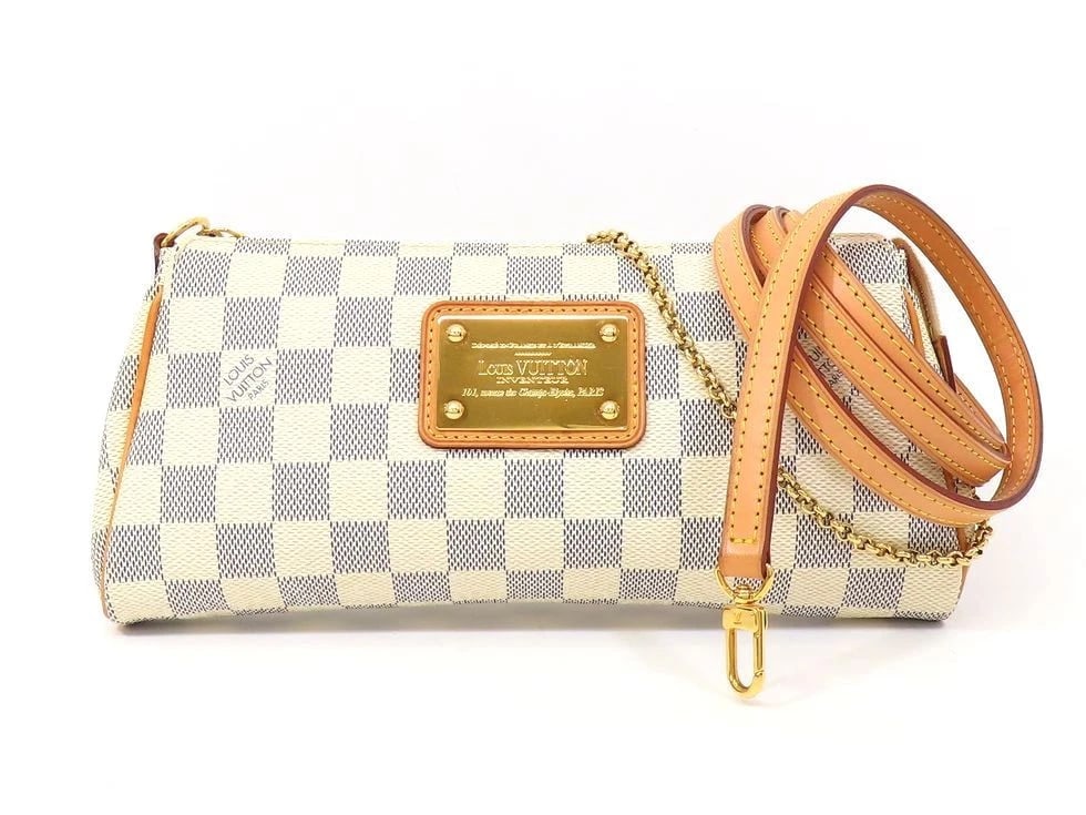 LOUIS VUITTON DAMIER AZUR EVA SHOULDER BAG: Louis Vuitton Damier Azur Eva Shoulder Bag Brand: Louis Vuitton Type: Handbag Material: Damier Azur Color: none Size: D 25×H 12×G 5cm Chain/Shoulder: 40cm / Shoulder: 121cm Accessories: None <