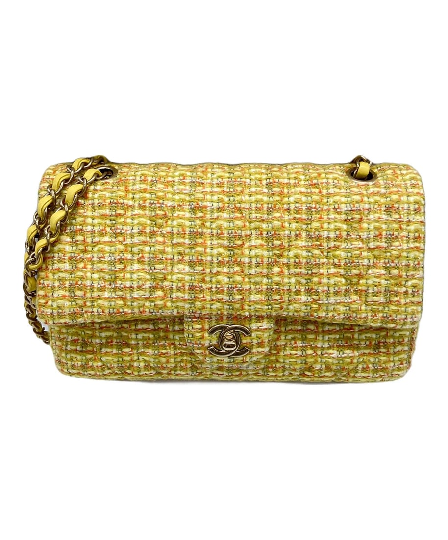 CHANEL TWEED CHAIN SHOULDER BAG: CHANEL Tweed Chain Shoulder Bag Brand: CHANEL Type: Handbag Material: Tweed X Leather Color: Yellow Size: H:15.0cm / W:25.0cm / D:6.5cm Accessories: None Accessories Notice: When purchasin