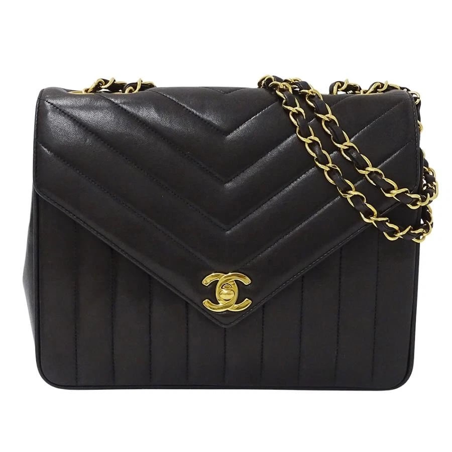 CHANEL SHOULDER BAG V-STITCH LAMBSKIN GHW: Chanel Shoulder Bag V-Stitch Lambskin GHW Brand: Chanel Type: Handbag Material: Lambskin Color: Black/Gold Hardware Size: W: 23.5cm / H: 19cm / D: 8cm / Shoulder: 51-92cm Accessories: None