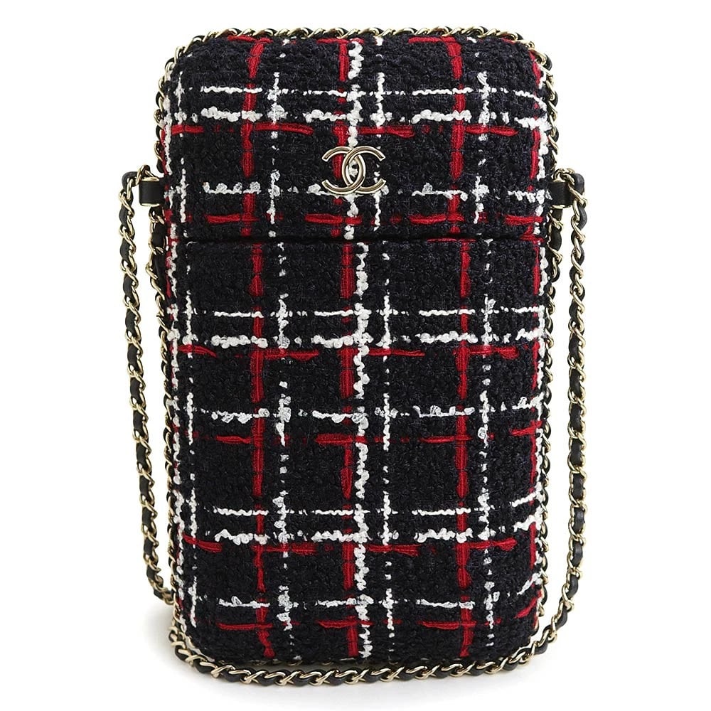 CHANEL COCO MARK PHONE HOLDER CASE POUCH SHOULDER BAG: CHANEL Coco Mark Phone Holder Case Pouch Shoulder Bag Brand: CHANEL Type: Handbag Material: Tweed/Leather Color: Navy Size: W:12cm x H:20.5cm x D:4cm Shoulder strap: 115cm Accessories: None