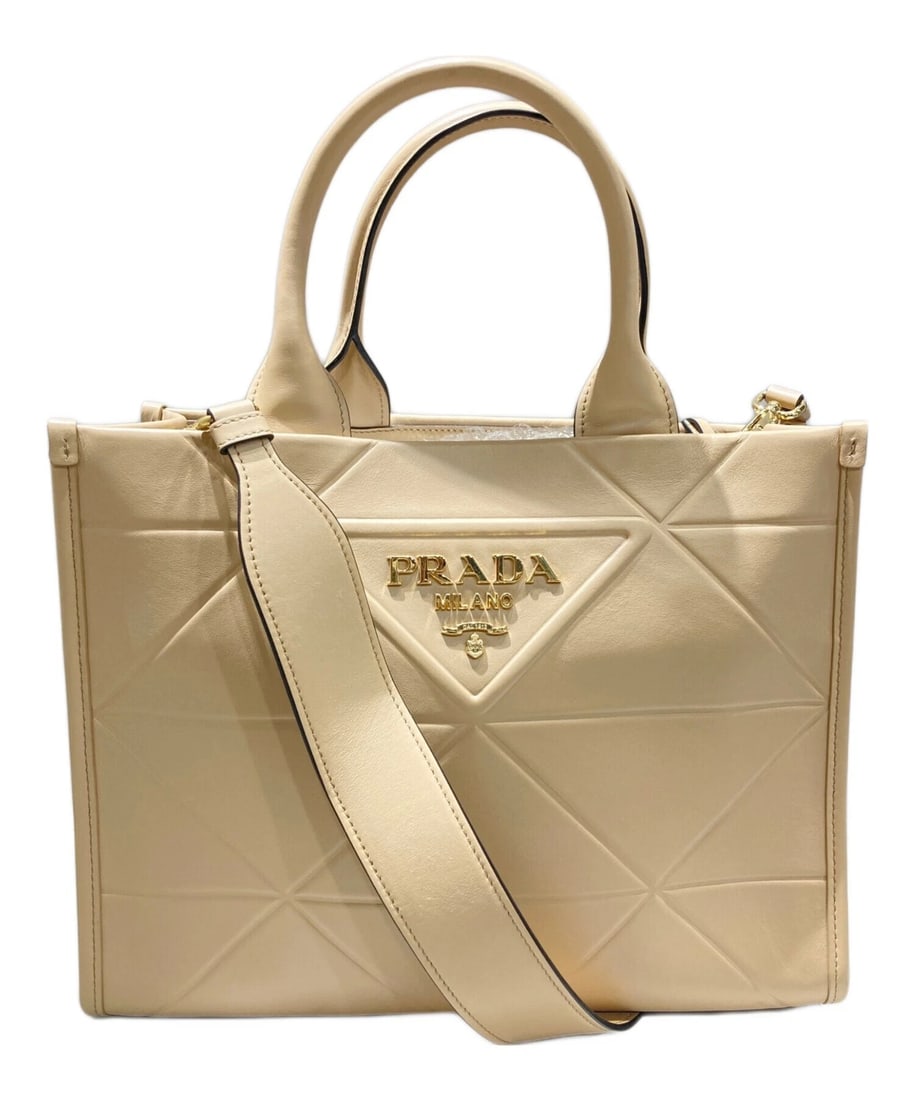 PRADA SYMBOL TOPSTITCH SHOULDER BAG: PRADA Symbol Topstitch Shoulder Bag Brand: PRADA Type: Handbag Material: none Color: Pink Beige Size: H:24cm / W:30cm / D:10.5cm [ Handle size ] 13cm Accessories: None Accessories Notice: