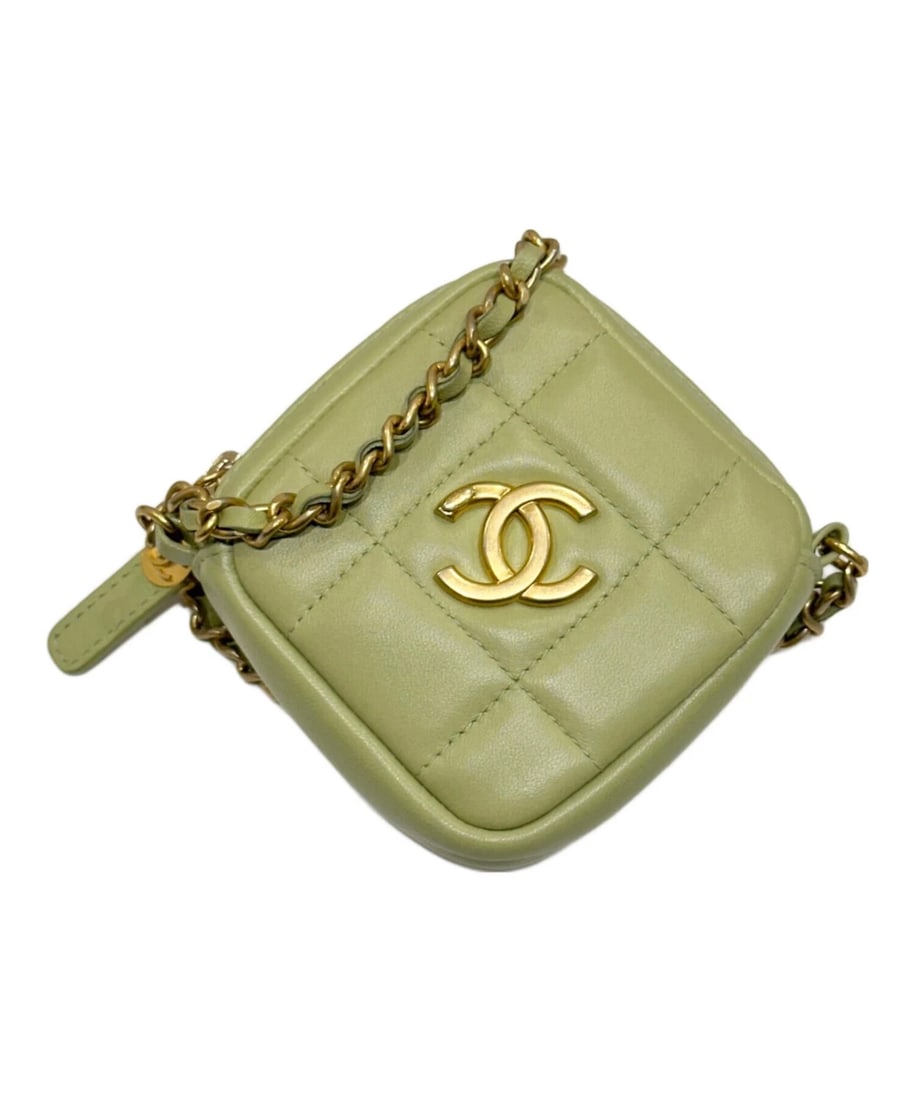 CHANEL CHAIN SHOULDER POUCH LAMBSKIN: CHANEL Chain Shoulder Pouch Lambskin Brand: CHANEL Type: Handbag Material: Lambskin Color: Light Green Size: H:10.0cm / W:10.0cm Accessories: None Accessories Notice: When purchasing pre-o