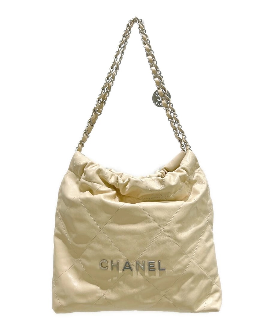 CHANEL 22 ONE SHOULDER BAG: CHANEL 22 One Shoulder Bag Brand: CHANEL Type: Handbag Material: Leather Color: Beige Size: H:32.0cm / W:33.0cm / D:7.5cm Accessories: None Accessories Notice: When purchasing pre-owned go