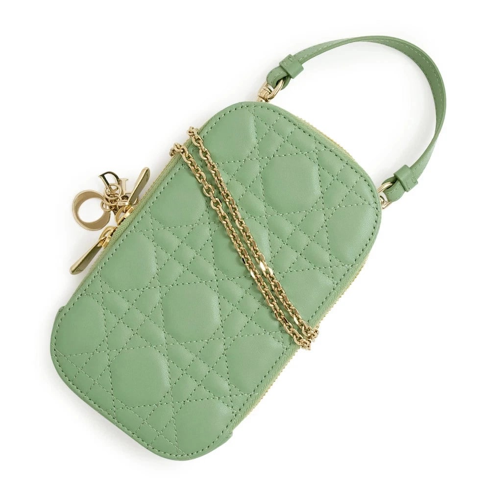 CHRISTIAN DIOR LADY CALLIN DIOR PHONE SHOULDER BAG GREEN MINT: Christian Dior Lady Callin Dior Phone Shoulder Bag Green Mint Brand: Christian Dior Type: Handbag Material: Cannage Lambskin Color: Green Mint Size: W: 10.5cm x H: 18cm x D: 2.5cm Handle: 26cm