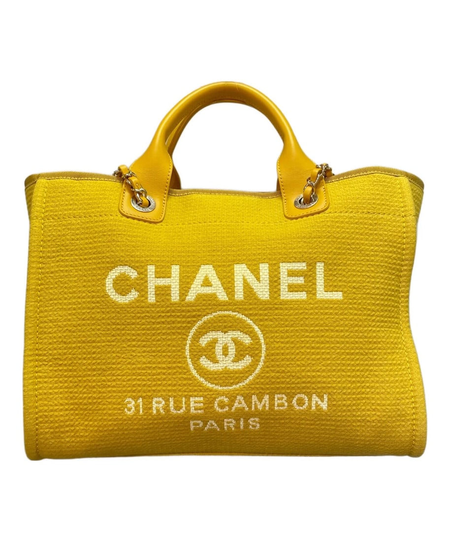 CHANEL DEAUVILLE MM: CHANEL Deauville MM Brand: CHANEL Type: Handbag Material: Canvas Color: Yellow Size: H:29.0cm / W:38.5cm / D:23.0cm [ Handle size ] 10.5cm Accessories: None Accessories Notice: When purcha