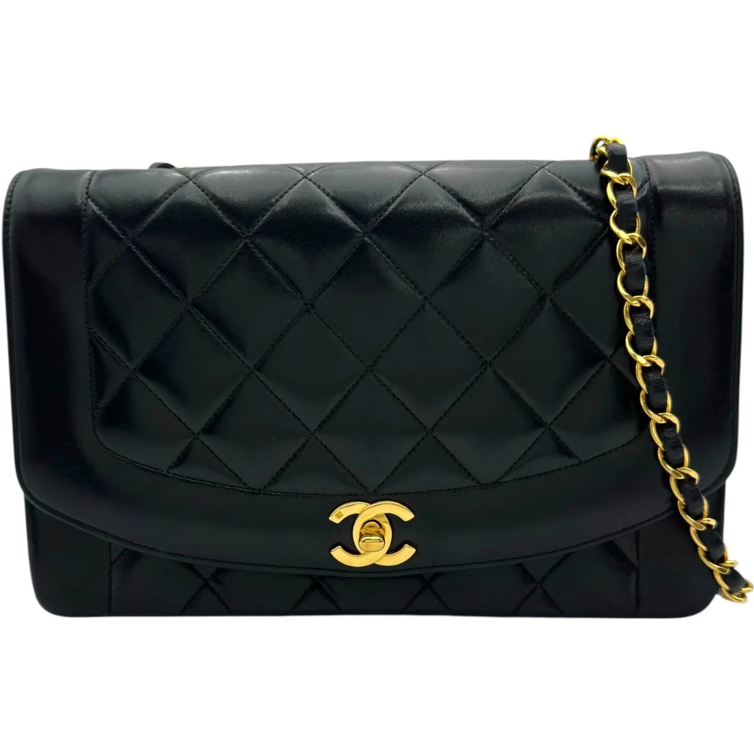 CHANEL DIANA 2 SERIES BLACK GHW LAMBSKIN SHOULDER BAG: CHANEL Diana 2 Series Black GHW Lambskin Shoulder Bag Brand: CHANEL Type: Handbag Material: Rum Color: Black / GD Hardware Size: W: 25cm / H: 16.5cm / D: 7.5cm / Shoulder: 64-110cm 