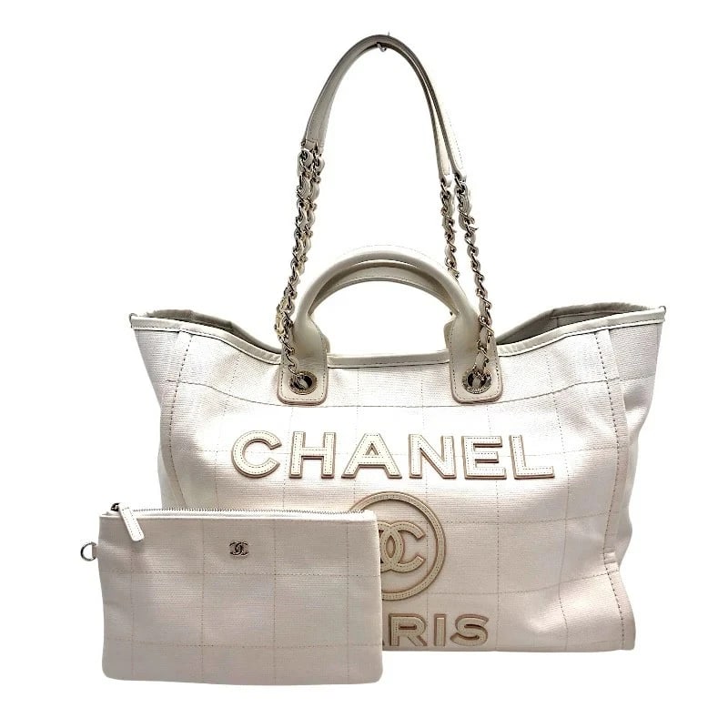 CHANEL DEAUVILLE LARGE GHW CANVAS SHOULDER BAG: CHANEL Deauville Large GHW Canvas Shoulder Bag Brand: CHANEL Type: Handbag Material: Canvas Color: / GD Hardware Size: W: 39-46cm / H: 27cm / D: 20cm / Shoulder: 70cm Accessories: None Acc