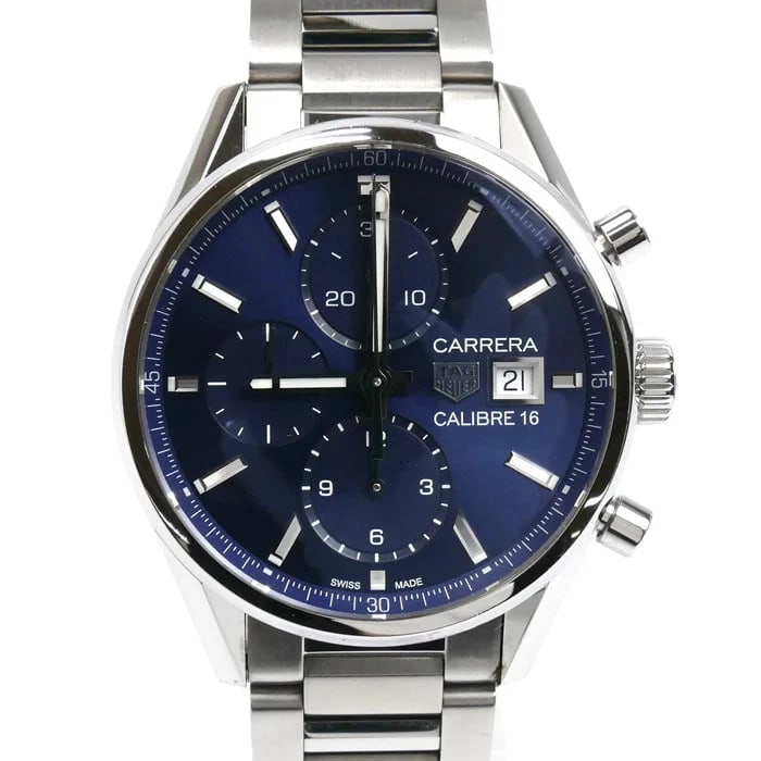 TAG HEUER CARRERA CALIBER: TAG HEUER Carrera Caliber Brand: TAG HEUER Type: Wrist watch Material: Case: SS Color: Dial Color Dial Color Blue Belt color Silver Case Color Silver Size: [ Size ] Case: 41.0mm / Case Thickness: