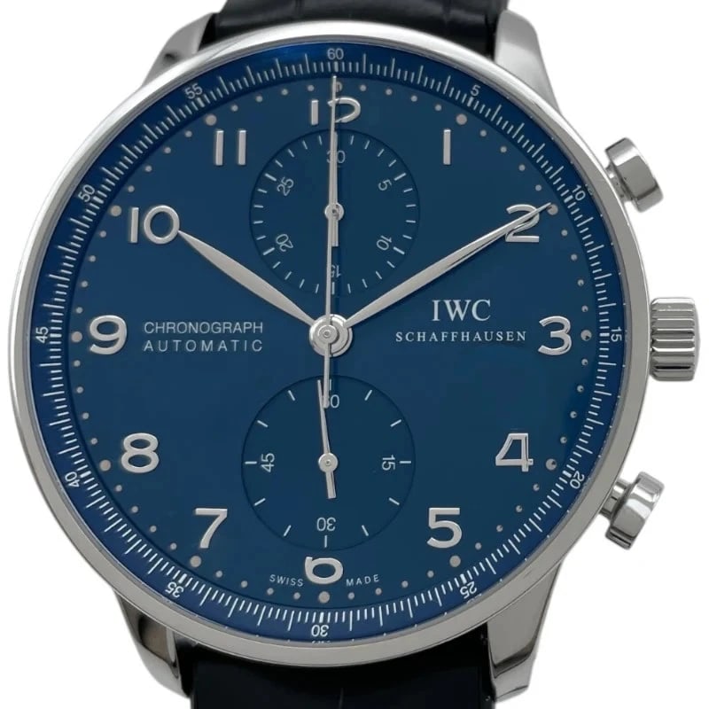 IWC PORTUGUESE CHRONOGRAPH BLUE: IWC Portuguese Chronograph Blue Brand: IWC Type: Wrist watch Material: SS Color: Dial Color Blue Size: [ Case size ] 41mm / Case thickness: 12.5mm Accessories: None Accessories Notice: Whe