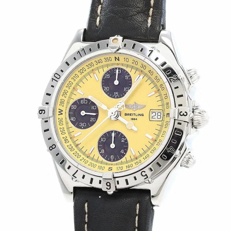 BREITLING CHRONOMAT WATCH: Breitling Chronomat WATCH Brand: BREITLING Type: Wrist watch Material: Case Material Stainless Steel Band Material Calfskin/SS buckle Color: Dial Color Yellow/Black Size: [ Case size ] 39mm 