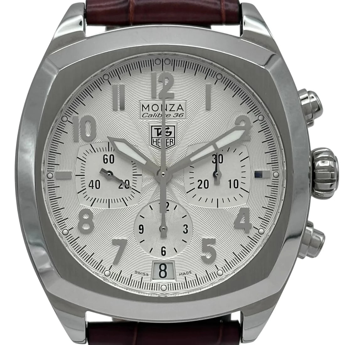 TAG HEUER MONZA CHRONOGRAPH CALIBER SILVER: Tag Heuer Monza Chronograph Caliber Silver Brand: TAG HEUER Type: Wrist watch Material: Stainless steel Color: Dial Color Silver Size: [ Case size ] 39mm / Case thickness: 13.4mm [ Arm circumferen