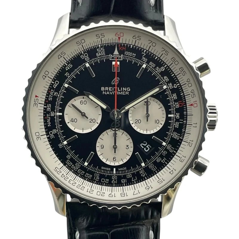 BREITLING NAVITIMER CHRONOGRAPH BLACK: Breitling Navitimer Chronograph Black Brand: BREITLING Type: Wrist watch Material: SS Color: Dial Color Black Size: [ Case size ] 46mm / Case shape: Round face / Case thickness: 14.3mm [ Arm