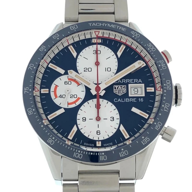 TAG HEUER CARRERA CALIBRE CHRONOGRAPH: Tag Heuer Carrera Calibre Chronograph Brand: TAG HEUER Type: Wrist watch Material: SS Color: Dial Color Blue/White Size: [ Case size ] 41mm [ Arm circumference size ] 19cm Accessories: None