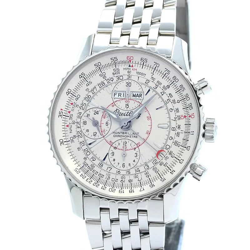 BREITLING NAVITIMER SILVER WATCH: Breitling Navitimer Silver WATCH Brand: BREITLING Type: Wrist watch Material: Case Material Stainless Steel Band Material SS Color: Dial Color Silver Size: [ Case size ] 43mm [ Arm