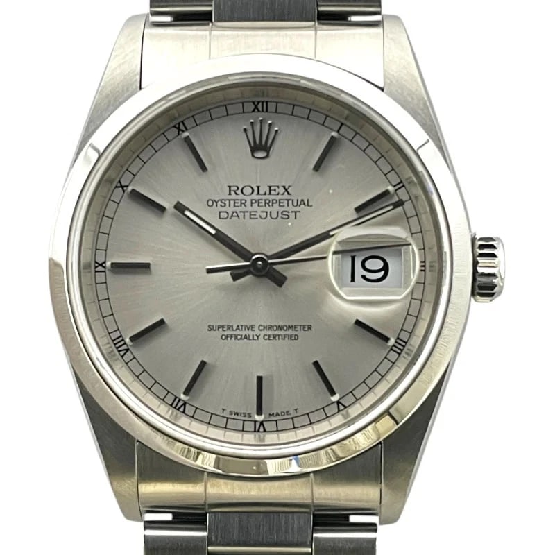 ROLEX DATEJUST SILVER: Rolex Datejust SilveR Brand: ROLEX Type: Wrist watch Material: SS Color: Dial Color Silver Size: [ Case size ] 36mm / Case thickness: 11.8mm [ Arm circumference size ] 18.5cm Accessories: