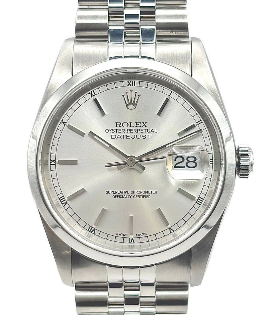 ROLEX DATEJUST SILVER: ROLEX Datejust Silver Brand: ROLEX Type: Wrist watch Material: Case Material SS /SS Band Material SS /SS Color: Dial Color Silver Dial Size: [ Size ] 36.0mm/17cm Accessories: None Accessories
