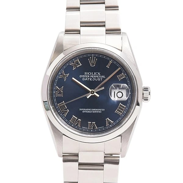 ROLEX DATEJUST BLUE WATCH: Rolex Datejust Blue WATCH Brand: ROLEX Type: Wrist watch Material: SS Color: Dial Color Blue Dial Size: [ Case size (including crown) ] 38.3mm [ Band size (cm) ] 18.5cm Accessories: None A