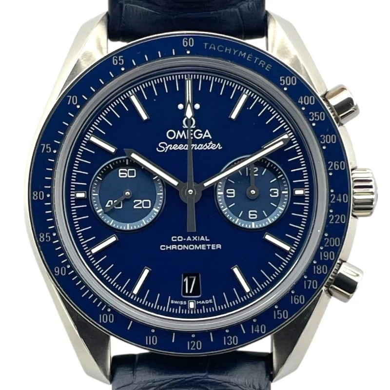 OMEGA SPEEDMASTER CO AXIAL NAVY TITANIUM: Omega Speedmaster Co Axial Navy Titanium Brand: OMEGA Type: Wrist watch Material: Titanium Color: Dial Color Navy Size: [ Case size ] 44.25mm / Case shape: Round face / Case thickness: 16.6mm 