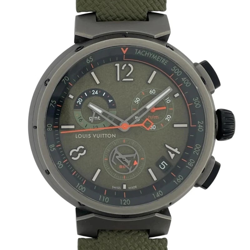 LOUIS VUITTON CHRONOGRAPH GREEN: LOUIS VUITTON Chronograph Green Brand: LOUIS VUITTON Type: Wrist watch Material: SS Color: Dial Color Green Size: [ Case size ] 44mm / Case shape: Round face / Case thickness: 12.2mm [ Arm circumf