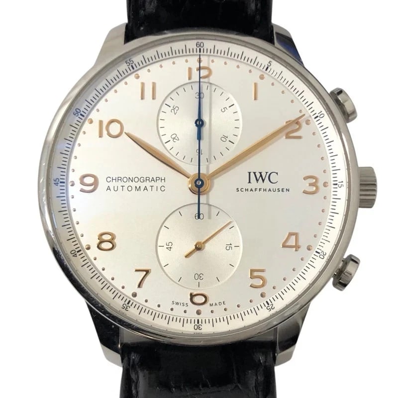 IWC PORTUGUESE CHRONOGRAPH SILVER: IWC Portuguese Chronograph Silver Brand: IWC Type: Wrist watch Material: SS Color: Dial Color Silver Size: [ Case size ] 41mm / Case shape: Round face / Case thickness: 13mm [ Arm circumference si