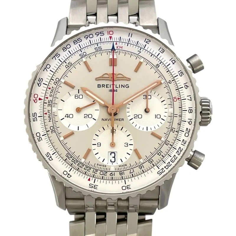 BREITLING NAVITIMER CHRONOGRAPH SILVER: Breitling Navitimer Chronograph Silver Brand: BREITLING Type: Wrist watch Material: SS Color: Dial Color Silver Size: [ Case size ] 41mm / Case shape: Round face / Case thickness: 13.5mm [ Arm cir