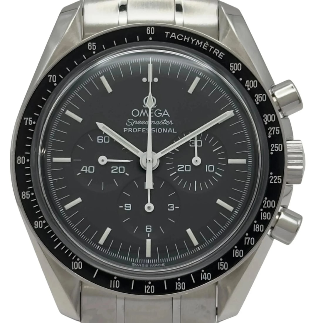 OMEGA SPEEDMASTER PROFESSIONAL MOONWATCH BLACK: Omega Speedmaster Professional Moonwatch Black Brand: OMEGA Type: Wrist watch Material: Stainless steel Color: Dial Color Black Size: [ Case size ] 42mm / Case thickness: 14.3mm [ Arm