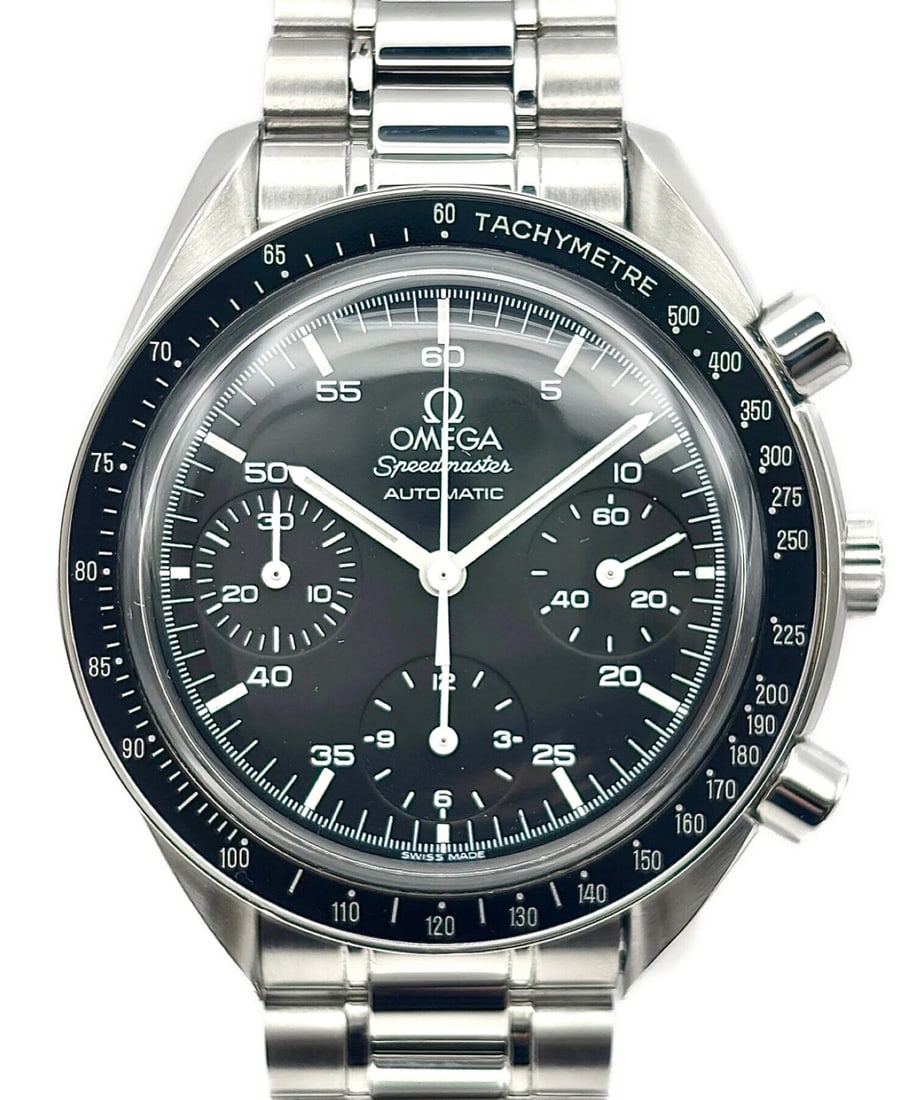 OMEGA SPEEDMASTER WATCH: OMEGA Speedmaster WATCH Brand: OMEGA Type: Wrist watch Material: Case Material SS /SS Band Material SS /SS Color: Dial Color Black Dial/Black Dial Size: [ Size ] 39mm/16.5cm Accessories: None