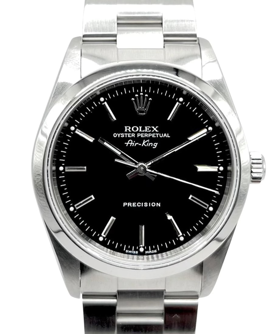 ROLEX AIR KING WATCH: ROLEX Air King WATCH Brand: ROLEX Type: Wrist watch Material: Case Material SS /SS Band Material SS /SS Color: Dial Color Black Dial/Black Dial Size: [ Size ] 34.0mm [ Minimum Wrist Size] 18.0cm