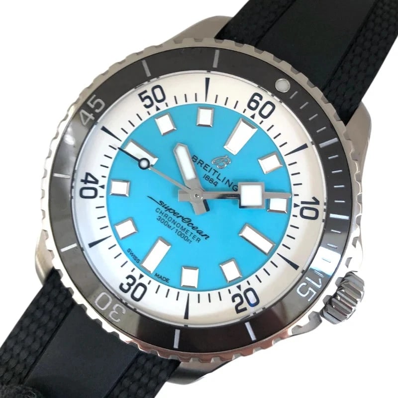 BREITLING SUPEROCEAN TURQUOISE BLUE: Breitling Superocean Turquoise Blue Brand: BREITLING Type: Wrist watch Material: Stainless steel SS Color: Dial Color Turquoise Size: [ Case size ] 44mm / Case shape: Round face [ Arm