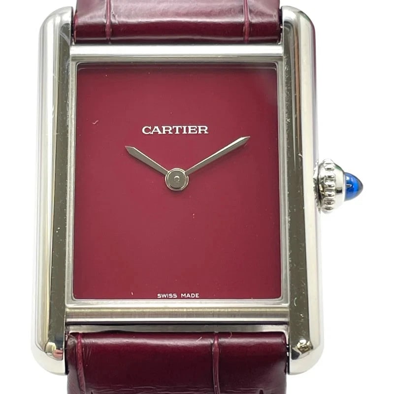CARTIER MUST TANK BORDEAUX: Cartier Must Tank Bordeaux Brand: Cartier Type: Wrist watch Material: SS Color: Dial Color Bordeaux Size: Case shape: Square face / Case width: 25mm / Case height: 33mm / Case thickness: 6mm Acce
