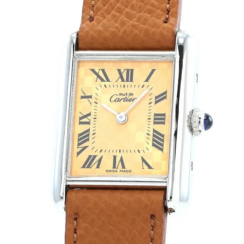 CARTIER MUST TANK ORANGE WATCH: Cartier Must Tank orange WATCH Brand: CARTIER Type: Wrist watch Material: calfskin leather with stainless steel buckle Color: Dial Color orange Size: [ Case size ] 29.5×22mm Accessories: None