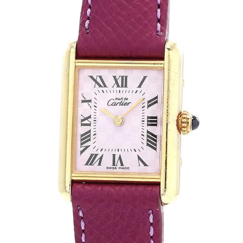 CARTIER MUST TANK PURPLE WATCH: Cartier Must Tank purple WATCH Brand: CARTIER Type: Wrist watch Material: calfskin/stainless steel (gold-plated) buckle Color: Dial Color purple Size: [ Case size ] 29.5×22mm Accessories: None