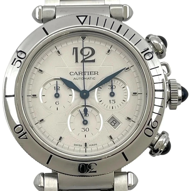 CARTIER PASHA CHRONOGRAPH SILVER: Cartier Pasha Chronograph Silver Brand: Cartier Type: Wrist watch Material: SS Color: Dial Color Silver Size: [ Case size ] 41mm / Case shape: Round face / Case thickness: 12mm [ Arm circumference