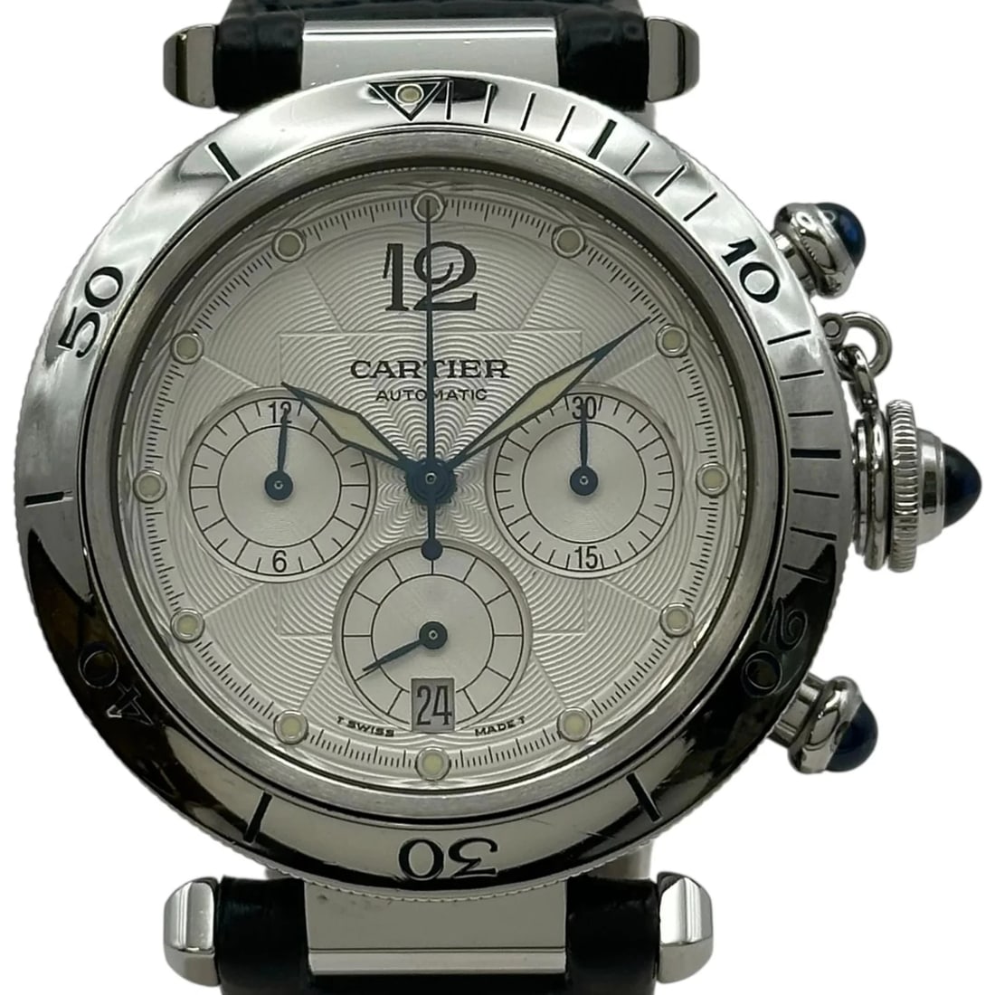 CARTIER PASHA CHRONOGRAPH WHITE: Cartier Pasha Chronograph White Brand: Cartier Type: Wrist watch Material: Stainless steel Color: Dial Color White Size: [ Case size ] 38mm / Case thickness: 10.8mm [ Arm circumference size ] 16cm