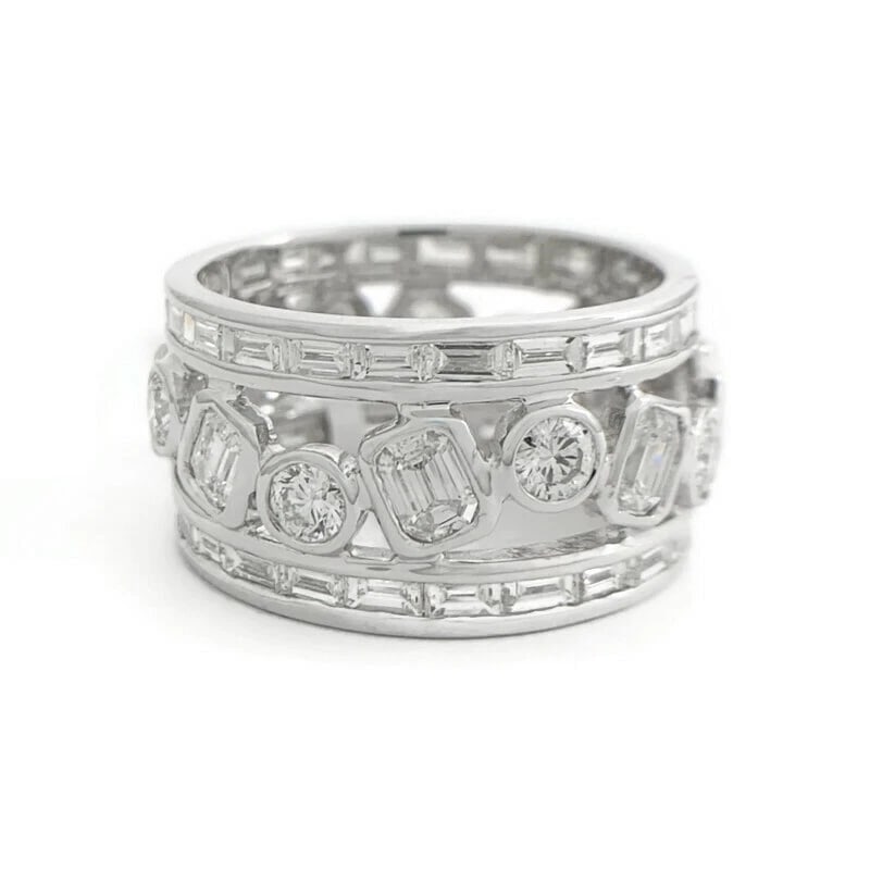 WIDE MULTISHAPE DIAMOND ETERNITY RING STATEMENT BAND: Wide Multishape Diamond Eternity Ring Statement Band Brand: Unbranded Type: Ring Material: 18K white gold, Main Stone/Creation Natural Color: White Size: 7.75 US Accessories: None Accessor