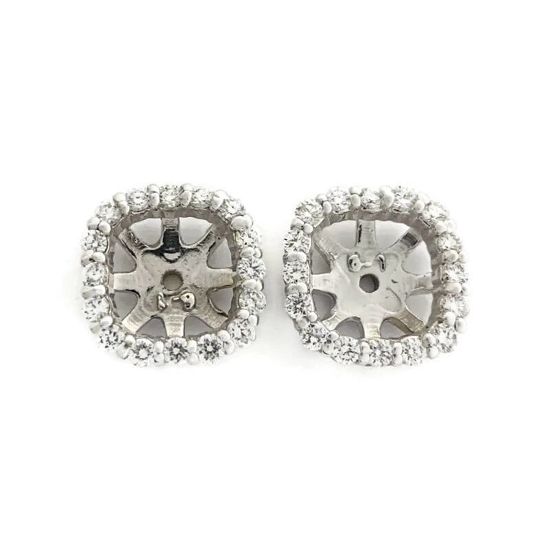 CUSHION DIAMOND HALO EARRING JACKETS ENHANCERS: Cushion Diamond Halo Earring Jackets Enhancers Brand: Unbranded Type: Earrings Material: 14K white gold, Main Stone/Creation Natural Color: Silver Size: Diameter: 9 mm x 9 mm Accessories: