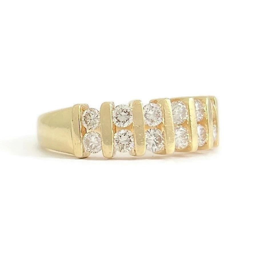 ESTATE 2-ROW DIAMOND GEMLOCK-SET BAND RING: Estate 2-Row Diamond Gemlock-Set Band Ring Brand: Unbranded Type: Ring Material: 14K yellow gold, Main Stone/Creation Natural Color: Gold Size: 8 US Accessories: None Accessories Notice: W